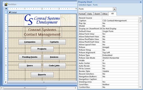 The main switchboard form for the Conrad Systems Contacts database has command buttons to guide users through the application.