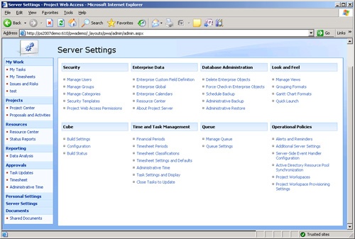 Set up enterprise project management options on the Server Settings page in Project Web Access.