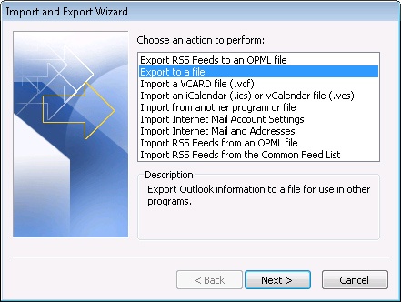 To back up calendar items, start the Import And Export Wizard, and then select Export To A File.
