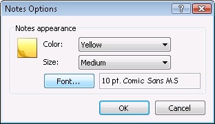 Use the Notes Options dialog box to control the size and color of the Note window and the font used for notes.