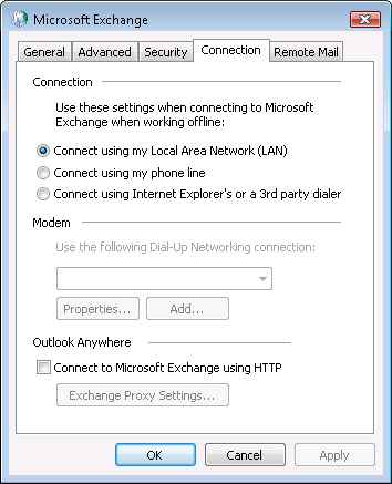 Use the Connection tab to specify how Outlook 2007 connects to Exchange Server.