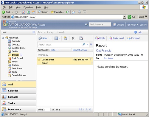 The default OWA interface is focused on the user’s Inbox.