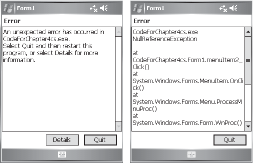 Built-in error dialog box shown for an unhandled run-time exception: the option to quit the application (left); the results after clicking Details (right)