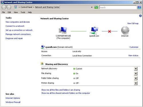 Network And Sharing Center provides quick access to sharing, discovery, and networking options.