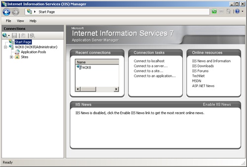 IIS Manager Start page.