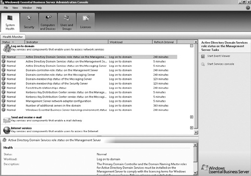 The System Health tab of the Windows EBS Administration Console