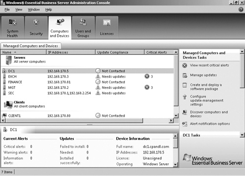 The Computers And Devices tab of the Windows EBS Administration Console