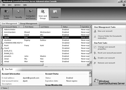 The User Management page of the Users And Groups tab of the Windows EBS Administration Console