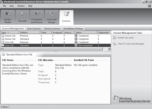 The Licenses tab of the Windows EBS Administration Console