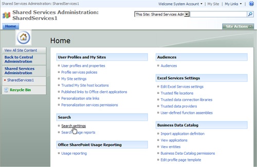 Accessing the search settings from an SSP administration site