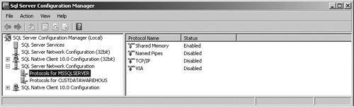 Viewing network configuration settings for a SQL Server instance.
