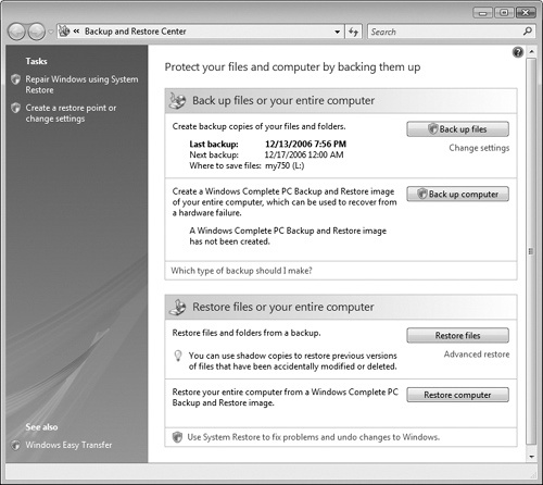 The Backup And Restore Center for Windows Vista Ultimate Edition.