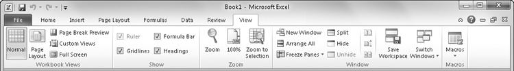 The View tab on the ribbon contains commands you can use to control the appearance of your workbook.