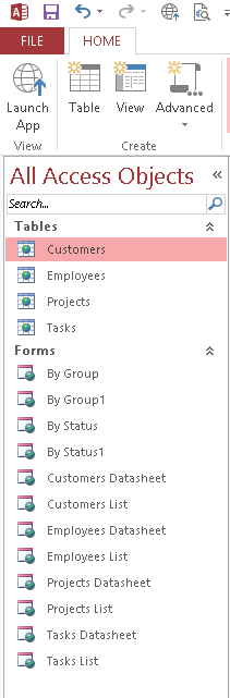 A screen shot of the Navigation pane for the Project Management web app template. A total of four table objects and twelve view objects are listed here.