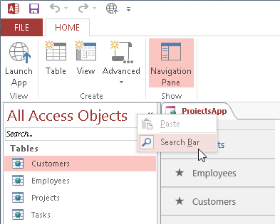 A screen shot of the top of the Navigation pane in expanded mode. Author has right-clicked the top of the Navigation pane and clicked Search Bar on the shortcut menu displayed.