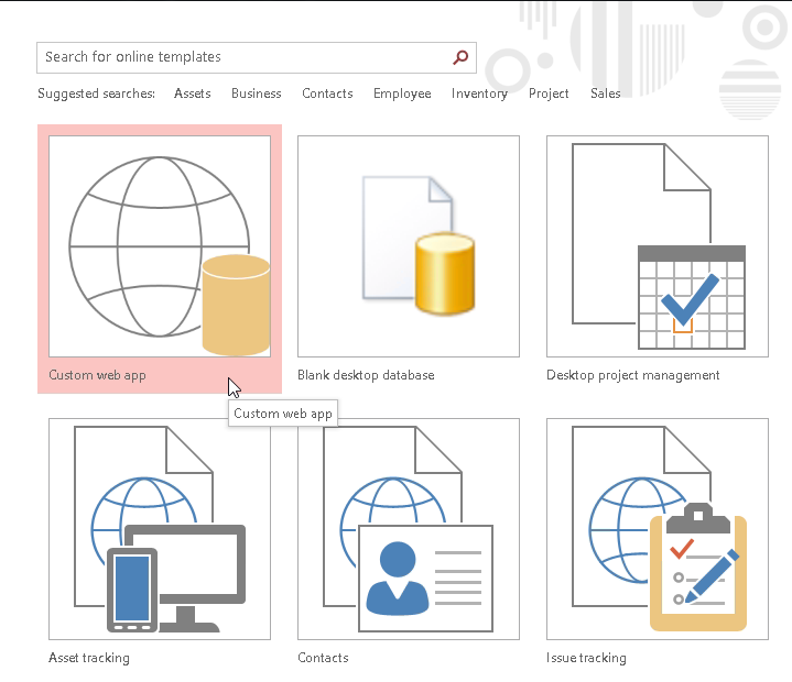 A screen shot of the Office Start Screen in Access is shown. Beneath a search box, six buttons are displayed for various Access templates. Author has clicked the first button, Custom Web App.