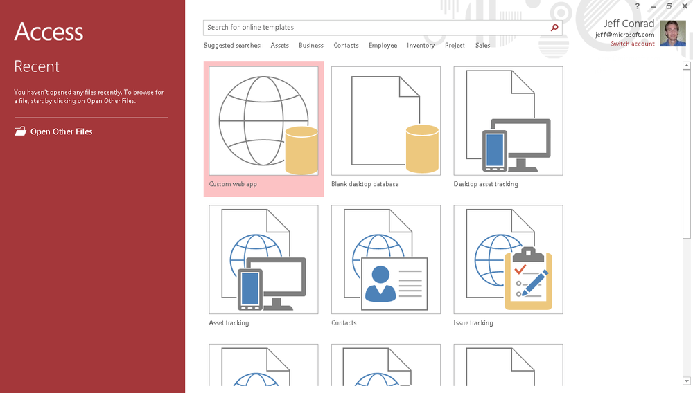 A screen shot of the Office Start screen in Access. This screen contains a list of many web app templates, desktop database templates, and buttons to create blank databases and blank web apps.