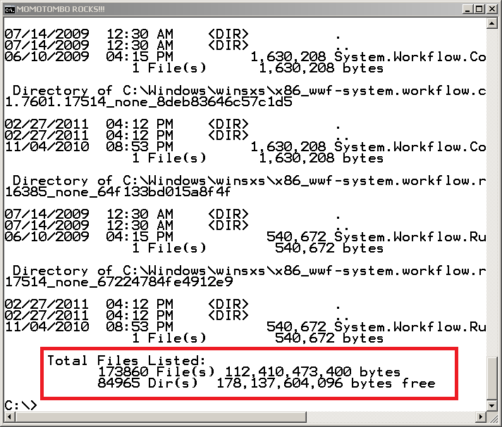 This figure shows the output from the dir /s command-line command on a Windows C drive. The top portion of the figure shows the dir data from the final four directories on the scan. An outlined portion at the bottom of the figure is the summary data from the dir /s command. It reads Total Files Listed: 173860 File(s), 112,410,473,400 bytes; 84965 Dir(s), 178,137,604,096 bytes free.