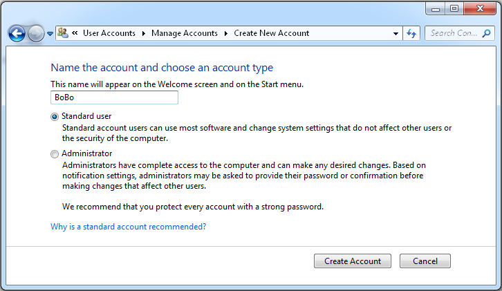The figure shows the Create New User dialog box with Name The Account And Choose An Account Type at the top. In the name field, the name BoBo is entered. There are two radio buttons, Standard User (which is selected), and Administrator. At the bottom of the dialog box are two buttons, Create Account and Cancel.