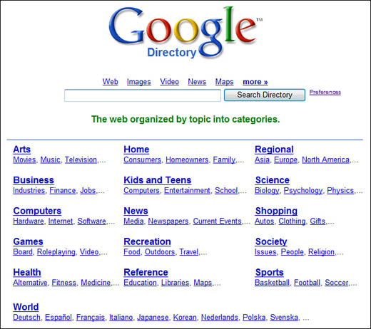 The Google Directory—ready to browse (by category) or search.