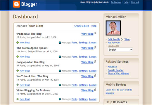 The Blogger Dashboard.