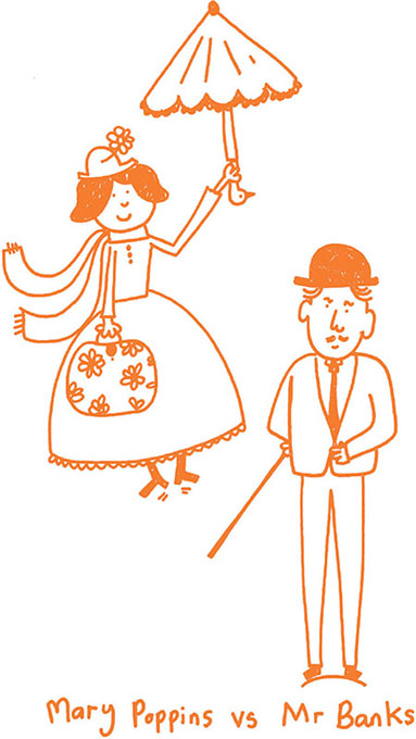Cartoon shows character Mary Poppins in fashionable dress holding bag and umbrella in hands and Mister Banks wearinglaced coat and hat holding walking stick in hand.