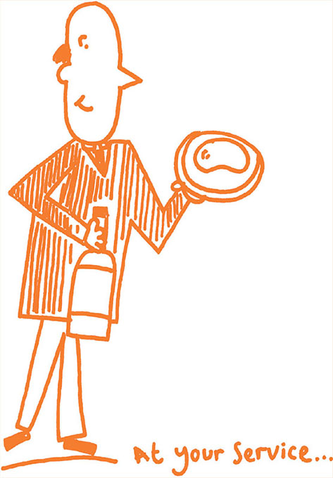Cartoon shows waiter stands with dish and bottle in hands saying "At your service".