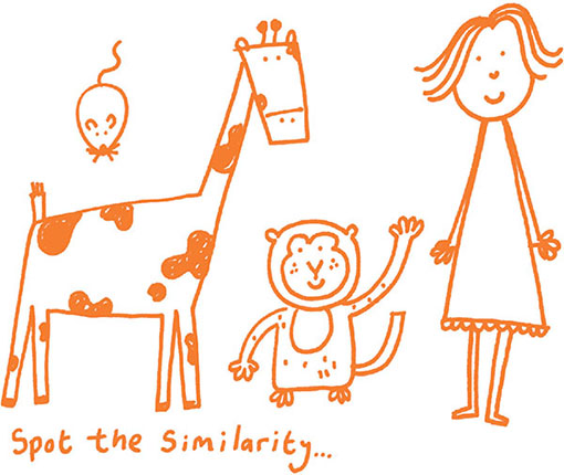 Cartoon shows balloon, giraffe, monkey, and little girl along with text "Spot the similarity".