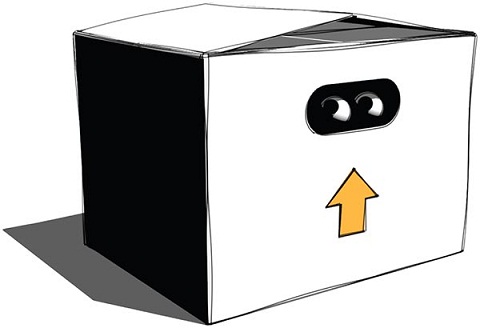 Image of a box with an upward arrow and eyes drawn on its front face.