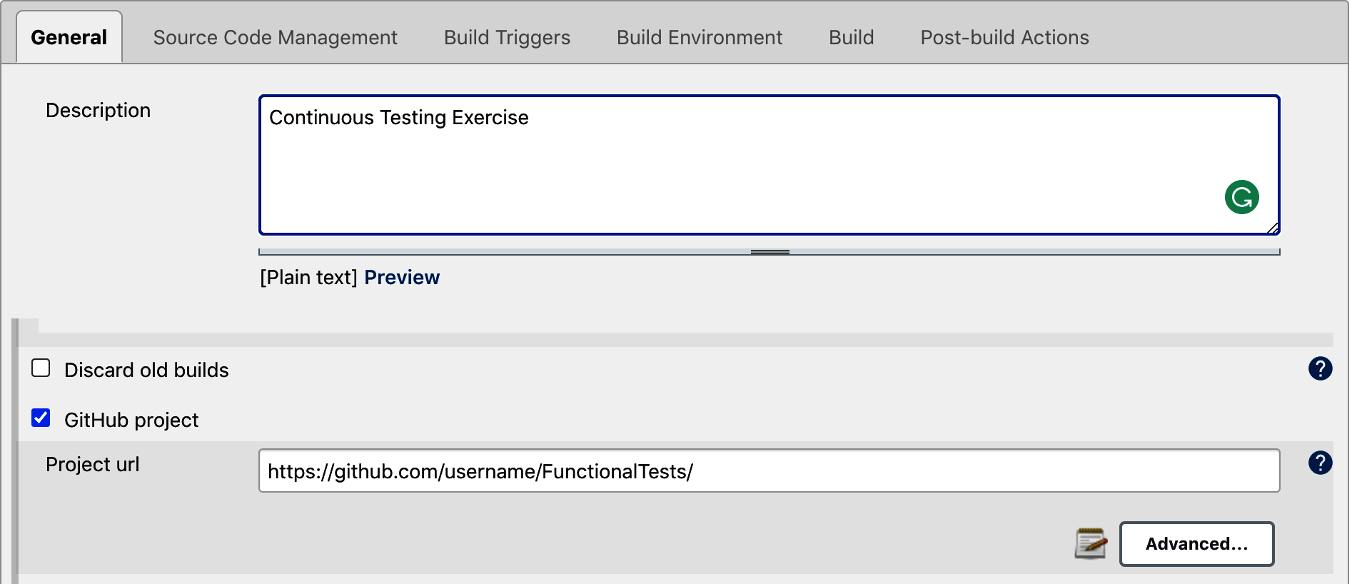 The Jenkins pipeline configuration page