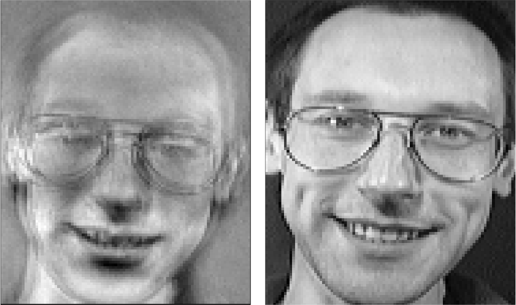 Two images, one noisy on the left, the other an image from the AT&T Faces open-source image dataset which was used to build the facial recognition model. The person in the photo has large glasses, which can be seen in both photos. The hair style and face shape of the person are also clear. The photo on the left is the result of the attack and has significant noise, but is clearly similar to the photo on the right, which was the original training data.