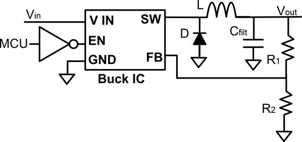 Switching step-down (buck) converter implemented