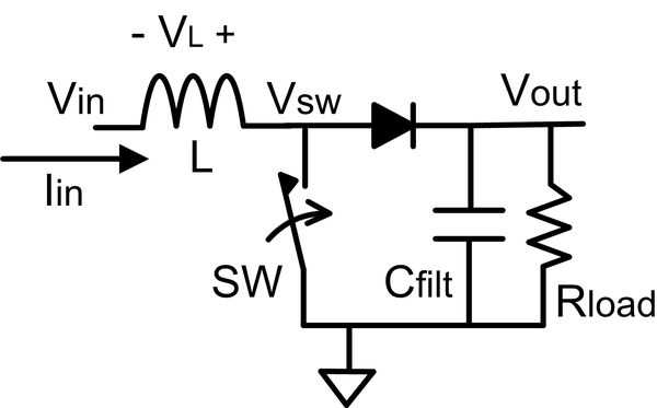 Switching step-up (boost) converter, conceptual