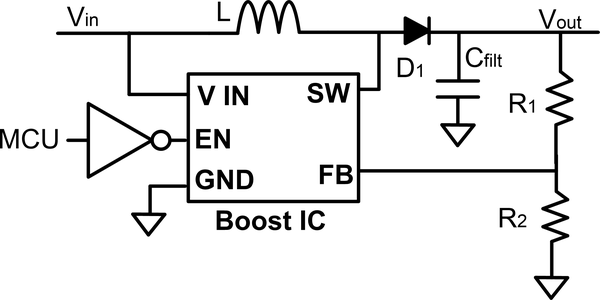 Switching step-up (boost) converter, implemented