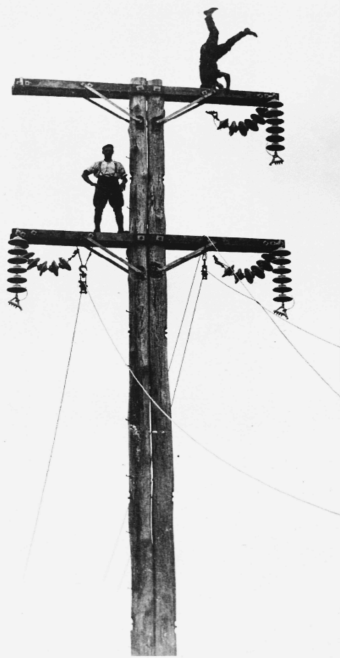 Picture taken approximately 100 years back in New Zealand. Two persons were seen mounted on twin hardwood poles carrying 110 kV transmission lines in the Horowhenua area.