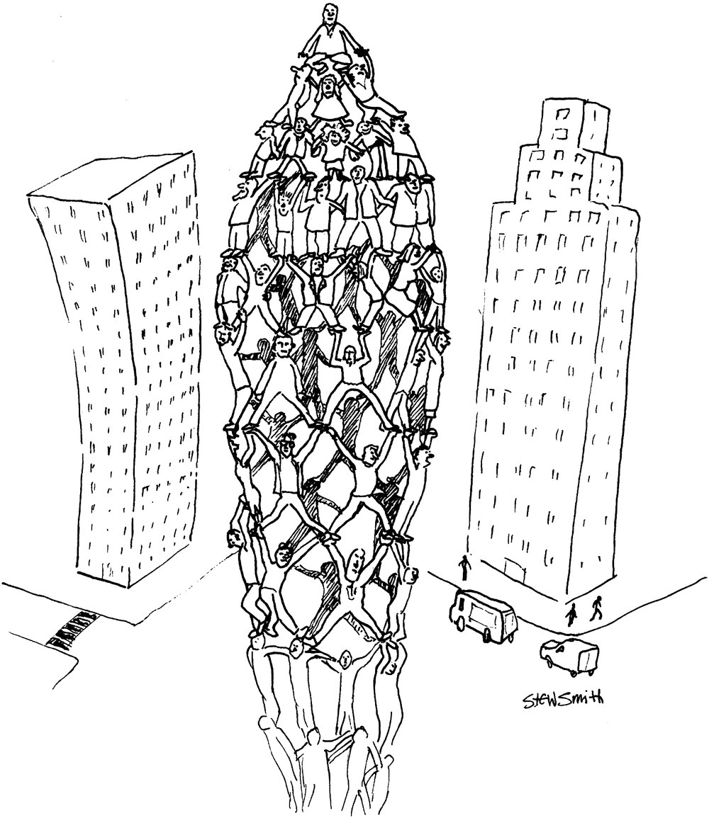 Cartoon illustration of a human pyramid between two high-rise buildings.