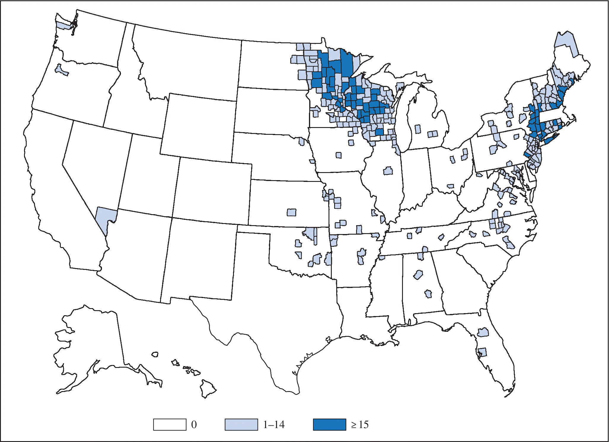Map of the United States displaying discrete colors in the upper Midwest and coastal New England depicting the location of reported cases of Anaplasma phagocytophilum bite.