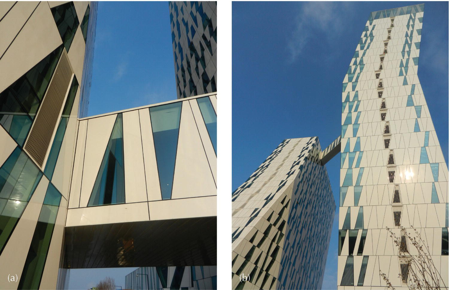 2 Photos displaying external wall of a building with the use of cladding.