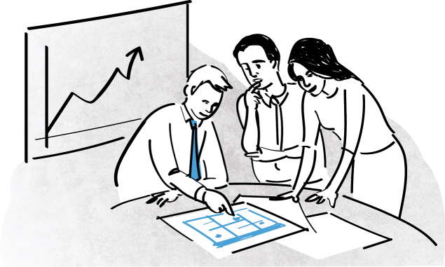 Illustration of three people huddling over a document with a graph on a board behind them.