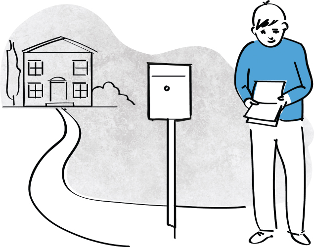 Illustration of a man looking at mails. He stands by a mail box in front of a house.