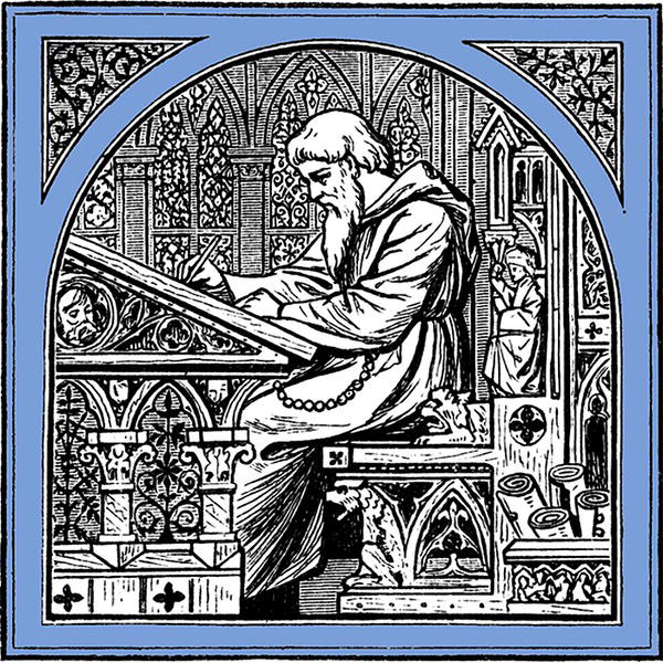 Illustration of a scribe on a chair, writing.