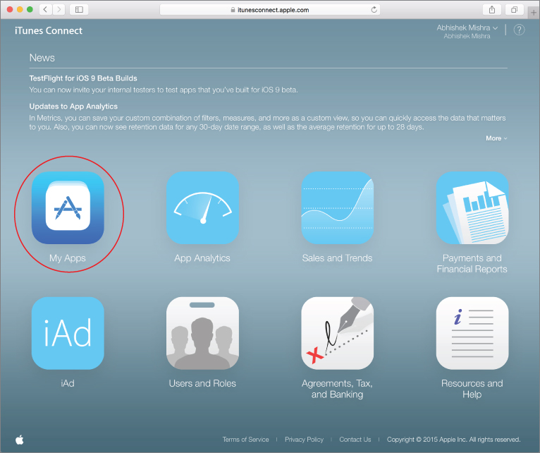 Screenshot of iTunes.connect.apple.com portal with My Apps link with icon encircled.
