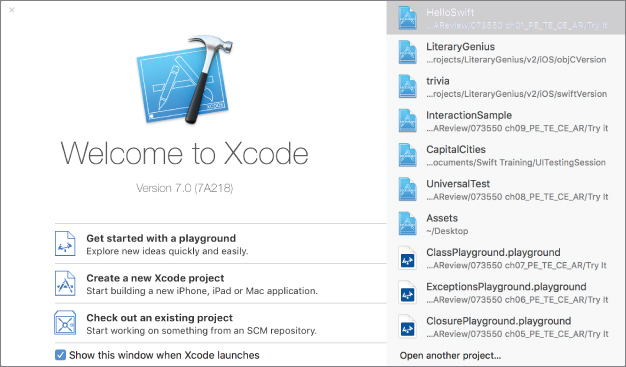 Screenshot of Xcode Welcome dialog box, with the text Welcome to Xcode. 