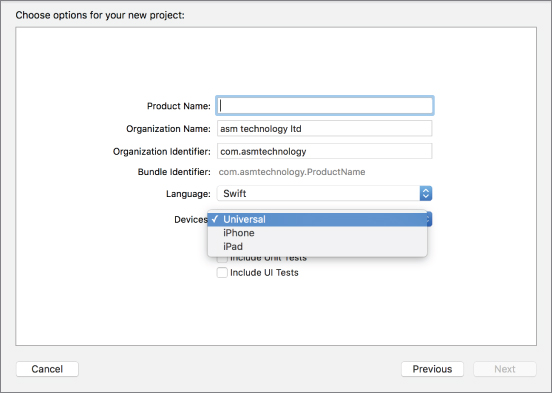 Screenshot of Xcode Project Options Dialog Box with Universal checked in drop down menu beside the word Devices.