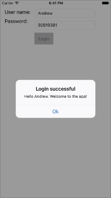 Screenshot of iOS (grayed), Alert View with the text Login successful in bold, Hello Andrew. Welcome to the app! below it, and Ok button below. 
