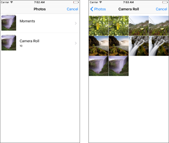 Two screenshots of iOS device, with Photos menu, with the word Cancel on the right top, and folders Moments and Camera Roll listed; and Camera Roll with 10 images below. 