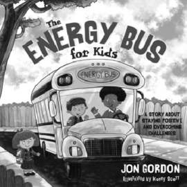 A cover page from Jon Gordon's “The Energy Bus for kids.” The cover page of the book illustrates a bus with a driver “Joy,” a kid “George” and a girl standing on the pavement looking at them. The Energy Bus tells the story of George, who, with the help of his school bus driver Joy, learns that if he believes in himself, he'll find the strength to overcome any challenge. His journey teaches kids how to overcome negativity, bullies, and everyday challenges to be their best
