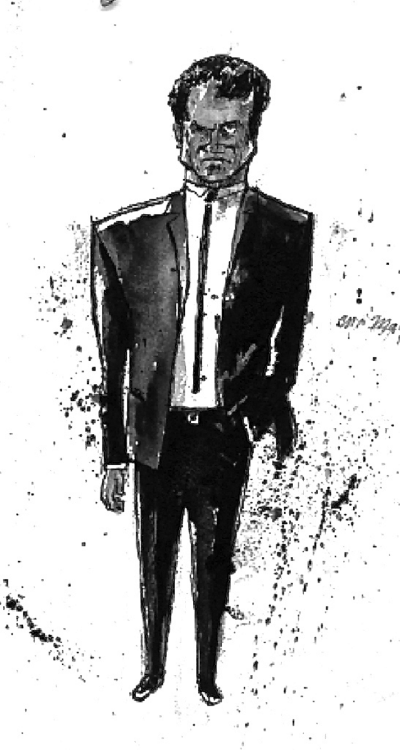 Figure representing “Mayhem” campaign for Allstate depicting a drawing of a man wearing a suit and his left hand kept in his trousers pocket.