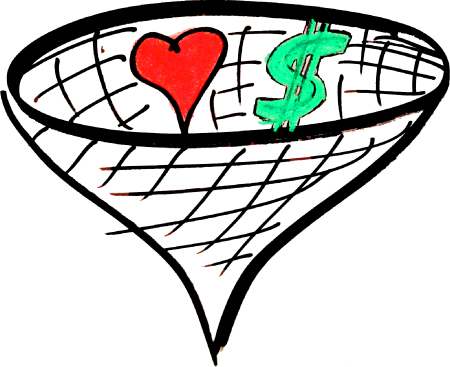 Line diagram of a funnel with a sharp, closed stem. Line diagram of a heart (shaded in gray) and dollar sign are seen in the mouth area of the funnel.