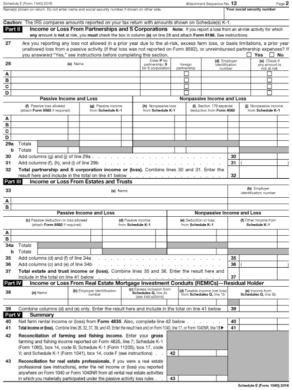 Form 1040 schedule E has parts II, III, IV, and V with rows 27-43 with blank spaces for income or loss from estates and trusts, summary, et cetera.
